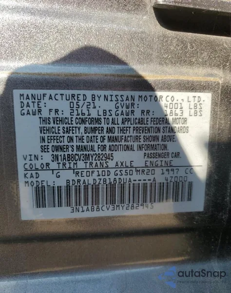 2021 Nissan Sentra Sv из США, поврежденный, VIN 3N1AB8CV3MY282945